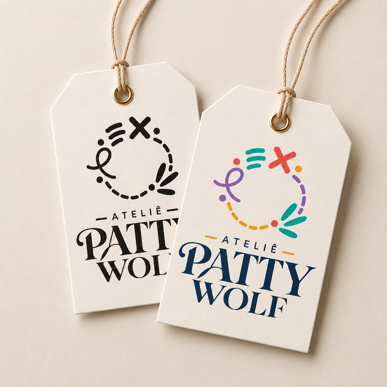 Logo aplicada em tags — Ateliê Patty Wolf